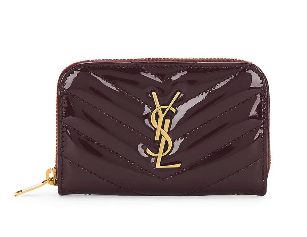 Saint Laurent Cassandre YSL Logo Dark Red Wine Patent Leather Zip Around Wallet